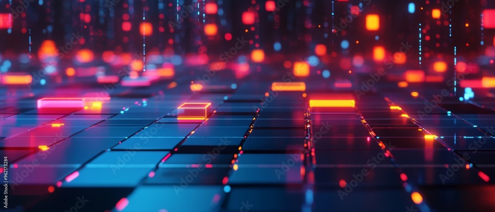 Poster a computer screen with a blue background and orange squares