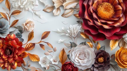 A close-up shot of paper flowers in various colors and textures on a white background, with a focus on a large red flower in the upper right corner.