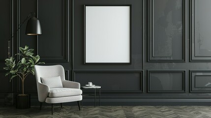 Mock-up of a poster frame in a modern living room with an Art Deco style. 3D render and illustration.