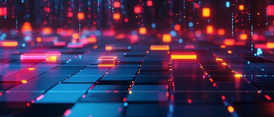 A computer screen with a blue background and orange squares