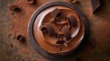 Obraz premium Detailed shot from above of a luxurious chocolate mousse cake with a glossy ganache and delicate chocolate curls, showcasing its indulgent presentation.
