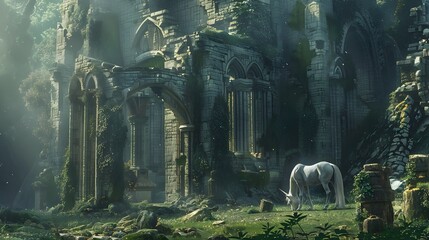 Obraz premium Unicorn in the Ruins of an Ancient Cathedral
