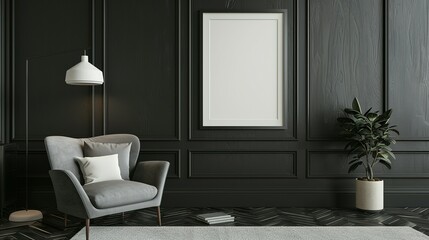 Mock-up of a poster frame in a modern living room with an Art Deco style. 3D render and illustration.