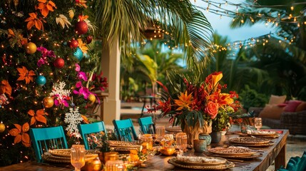 Tropical Christmas setup on an open-air patio featuring a decorated palm tree and vibrant coastal-inspired table setting