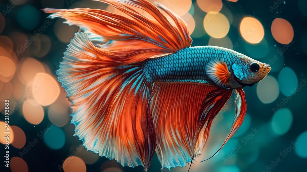 Poster detailed shot of a betta fish with elaborate fins and vivid hues, showcasing its intricate patterns 