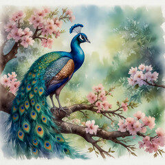 Fototapeta premium A whimsical watercolor illustration of a majestic peacock perched on a blossoming cherry tree branch in a tranquil garden setting.