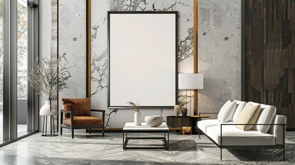 Mock-up of a poster frame in a modern living room with an Art Deco style. 3D render and illustration.