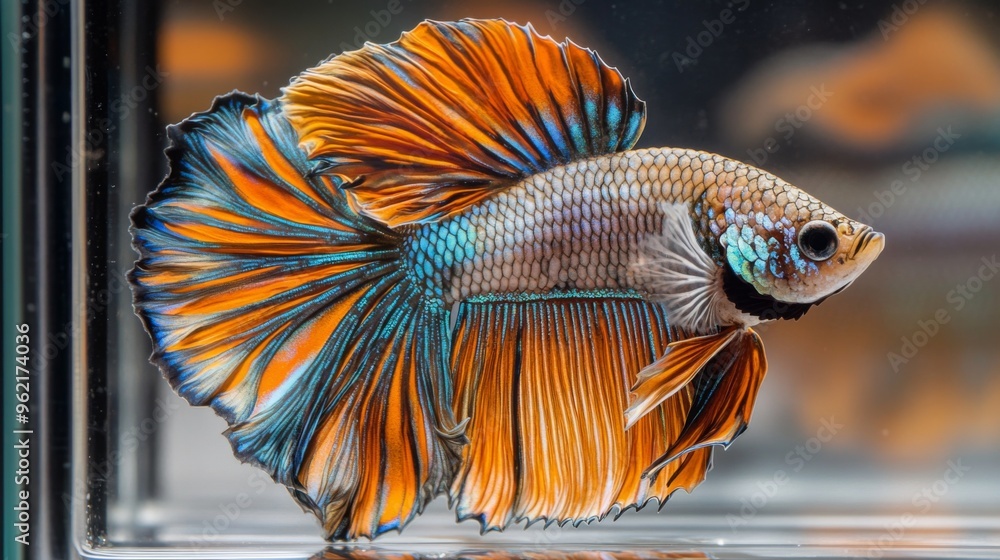 Poster Detailed shot of a Betta fish with elaborate fins and vivid hues, showcasing its intricate patterns and elegant movement in a crystal-clear tank.