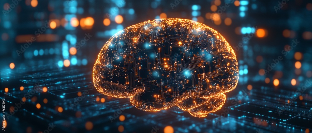 Poster a brain made of wires and lights is displayed on a computer screen