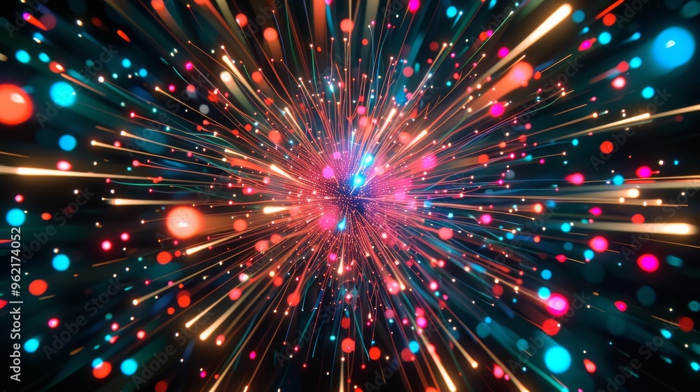 Poster a vibrant and energetic abstract burst featuring a dynamic mix of colorful lights in motion. the neo
