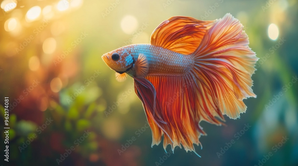 Poster detailed shot of a betta fish with elaborate fins and vivid hues, showcasing its intricate patterns 