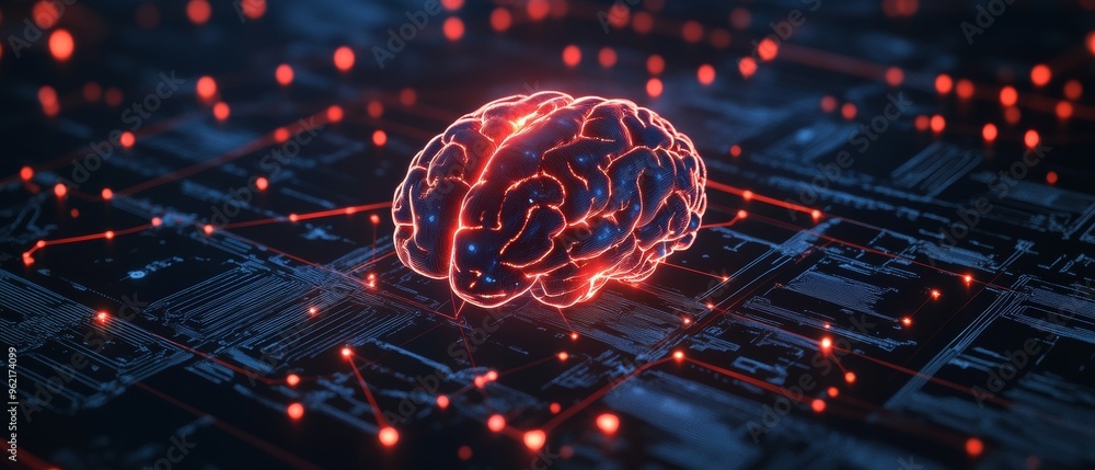 Poster a brain is shown in a computerized form, surrounded by a network of wires