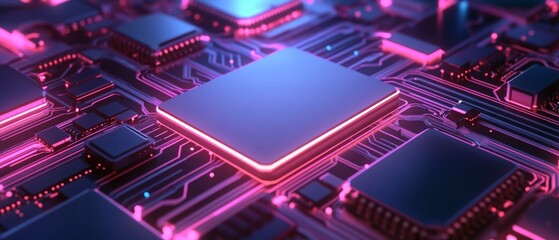 A computer chip is shown in a purple and blue color scheme