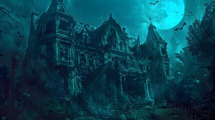 Fototapeta premium Eerie Abandoned Mansion Under a Full Moon