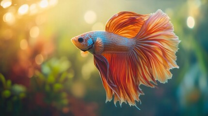 Fototapeta premium Detailed shot of a Betta fish with elaborate fins and vivid hues, showcasing its intricate patterns and elegant movement in a crystal-clear tank.