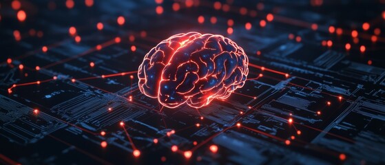 A brain is shown in a computerized form, surrounded by a network of wires