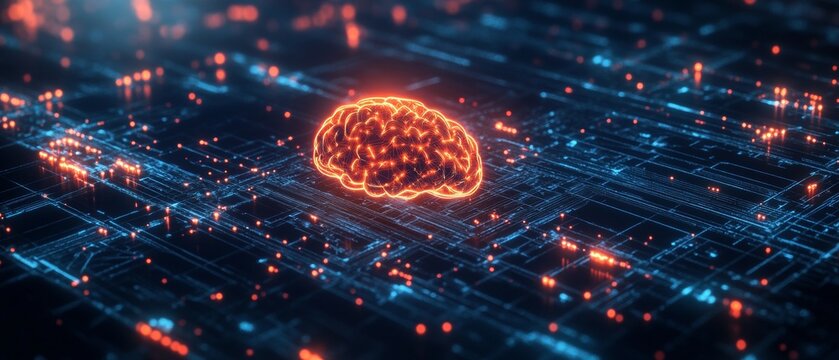 A brain is shown in a computerized environment with a lot of red and blue lights