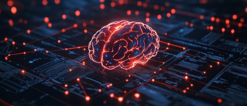 A brain is shown in a computerized form, surrounded by a network of wires