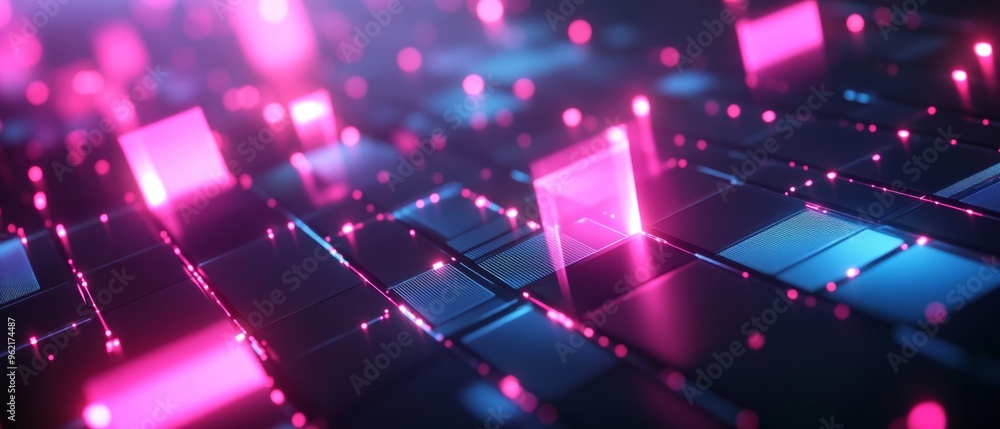 Poster a computer screen with a pink and blue background with many small squares