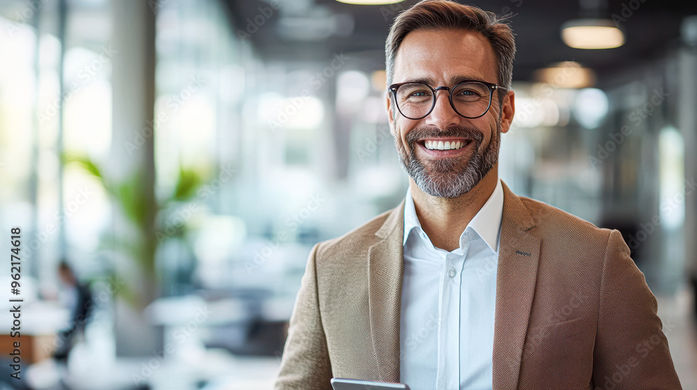 Sticker a man wearing a suit and glasses is smiling and holding a tablet