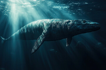 Naklejka premium A Colossal Sea Monster, Its Form Ethereal in the Deep Blue, Bathed in Rays of Sunlight.
