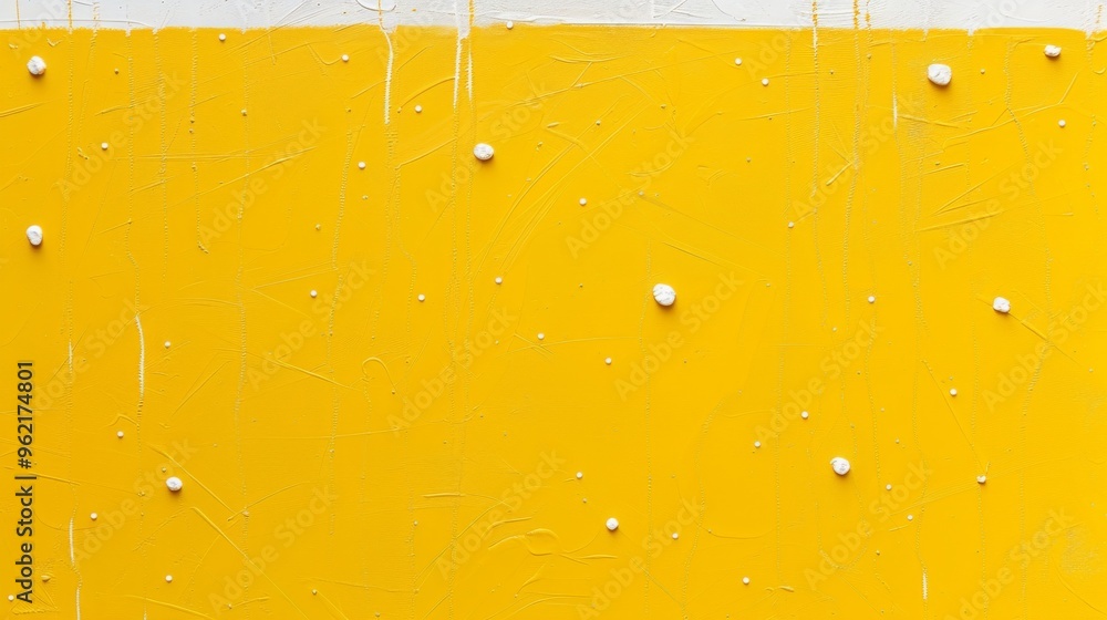 Poster a textured yellow wall with scattered white paint drops, creating a bold and modern abstract backgro
