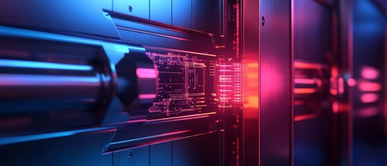 A computer chip is shown in a neon light