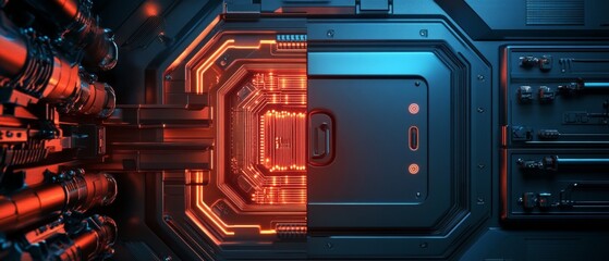 Simplified secure vault with minimal glowing circuits for cybersecurity