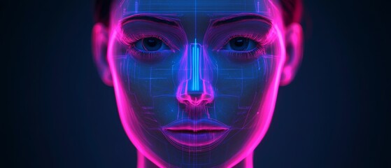 A woman's face is shown in a blue and pink color scheme