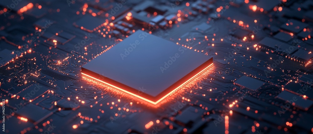 Poster a computer chip is lit up with red lights