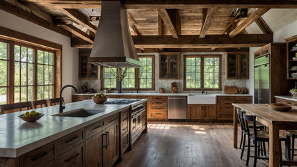 A Warm, Rustic Kitchen With Wooden Beams, Farmhouse-style Cabinets, And Vintage Appliances