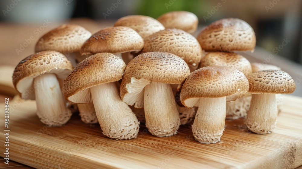 Poster detailed shot of a cluster of shiitake mushrooms on a wooden cutting board, emphasizing their distin