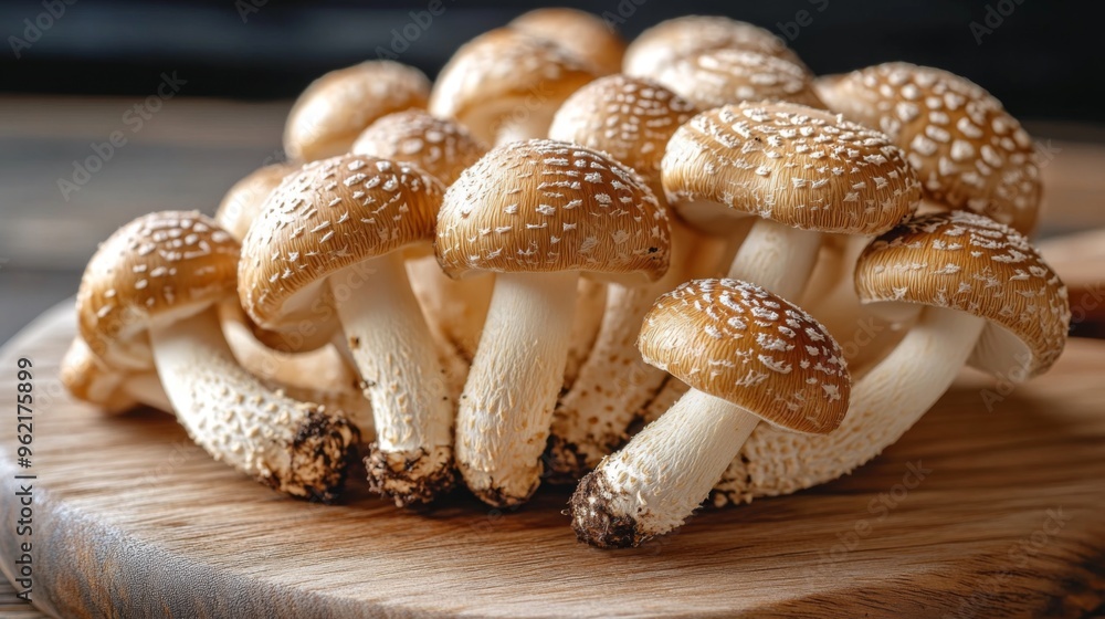 Poster detailed shot of a cluster of shiitake mushrooms on a wooden cutting board, emphasizing their distin