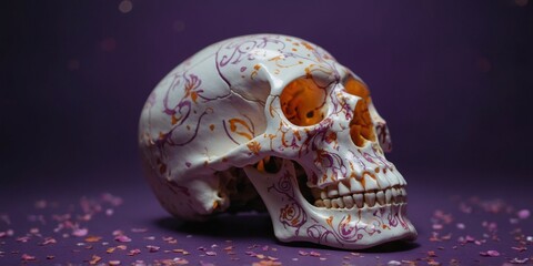 A white skull with orange and pink designs on it is on a purple background.