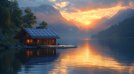 Fototapeta premium House on Mountain Lake with Solar Panels on the Roof Sunset Sustainable and Clean Energy at Home