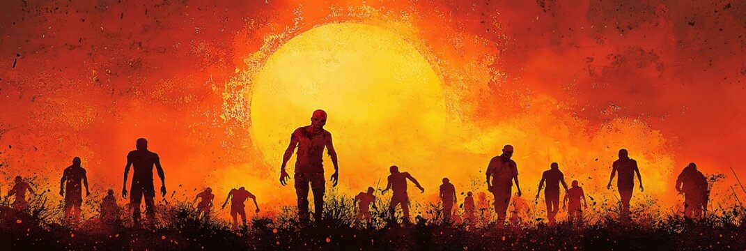 A group of silhouetted zombies walk towards a massive setting sun, creating a compelling image that juxtaposes the beauty of nature with the horror of the undead.