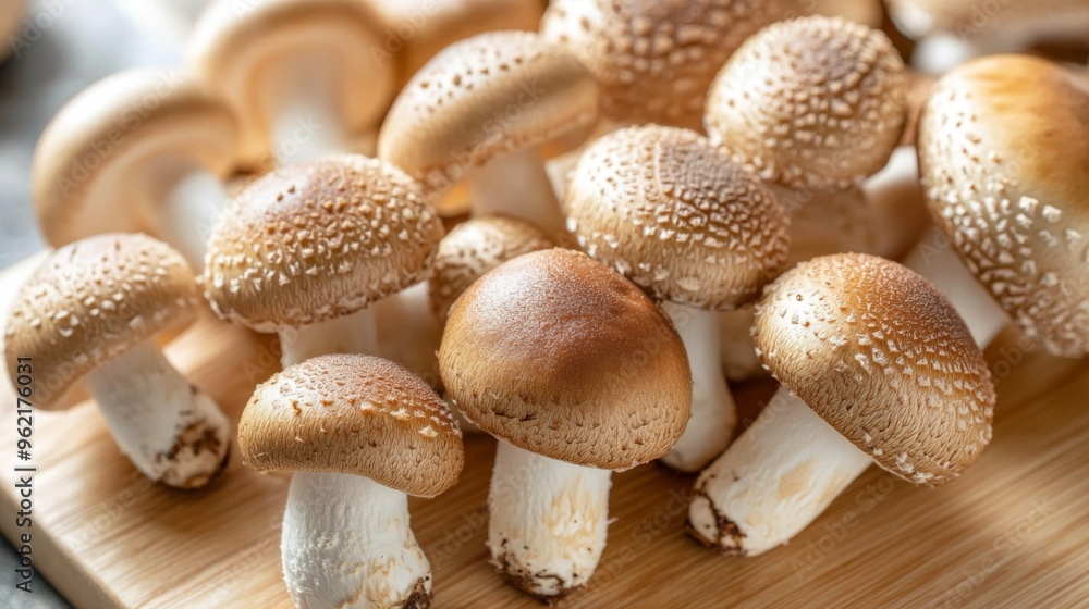 Poster detailed shot of a cluster of shiitake mushrooms on a wooden cutting board, emphasizing their distin