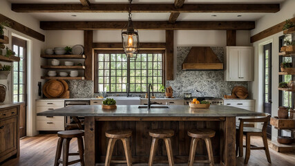 A Warm, Rustic Kitchen With Wooden Beams, Farmhouse-style Cabinets, And Vintage Appliances