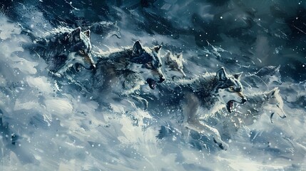 Fototapeta premium Pack of Wolves Running Through a Blizzard