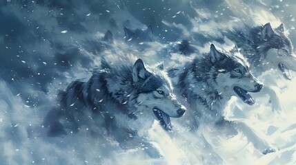 Obraz premium Wolf Pack Running Through Snowstorm
