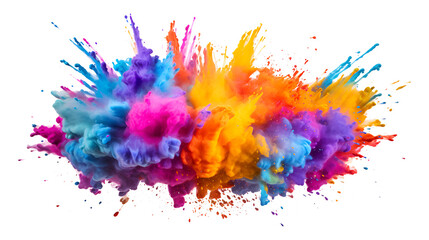 Vibrant explosion splash of colorful powder, Colorful rainbow, colored powder, abstract splatter of colored dust powder isolated on transparent background