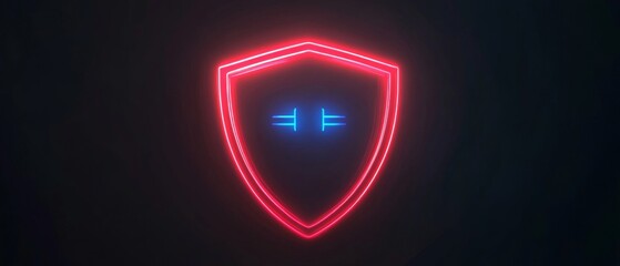 A red and blue shield with two eyes glowing in the dark