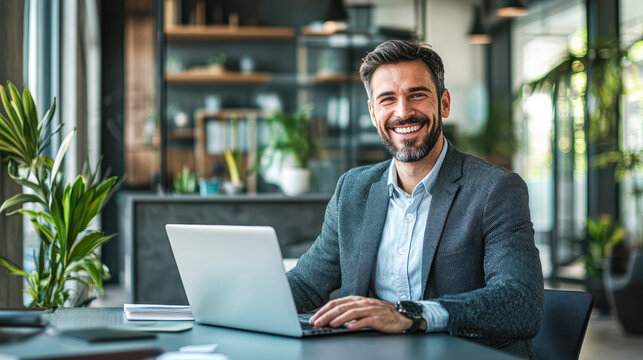 A man is sitting at a desk with a laptop in front of him