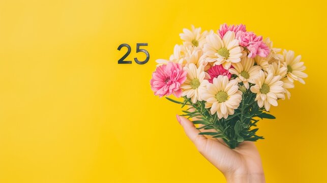 A minimalist composition featuring a hand holding a bouquet of daisies and pink flowers with the number 25 displayed on a bright yellow background, ideal for birthday or anniversary themes.