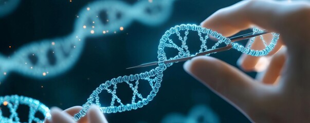 Close-up of hands manipulating DNA strands with digital tools, gene editing, biotechnology advancements