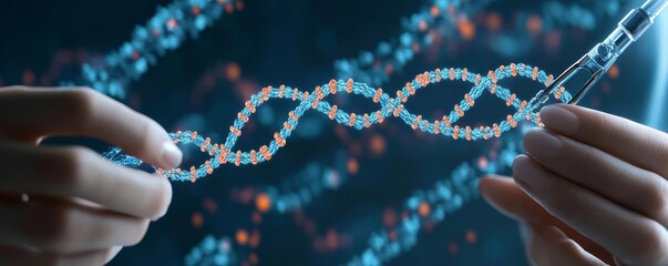 Close-up of hands manipulating DNA strands with digital tools, gene editing, biotechnology advancements