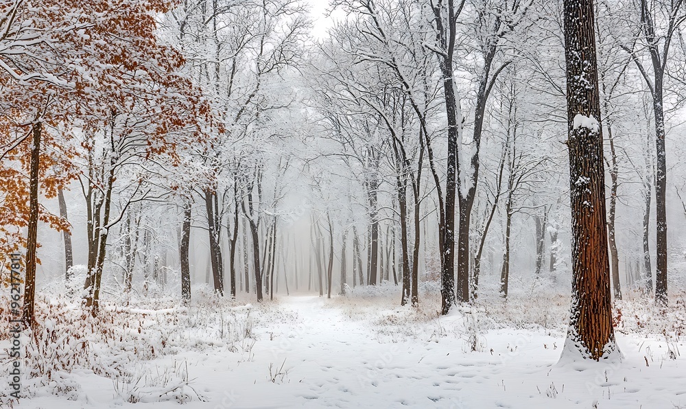 Poster snow-covered forest path with fog and bare trees