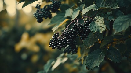   A close-up photo of grapes on a vine dangling from a tree, surrounded by vibrant green foliage and a sunny yellow backdrop