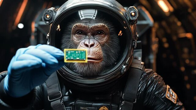 Chimp astronaut in a spacesuit holding a CPU computer chip