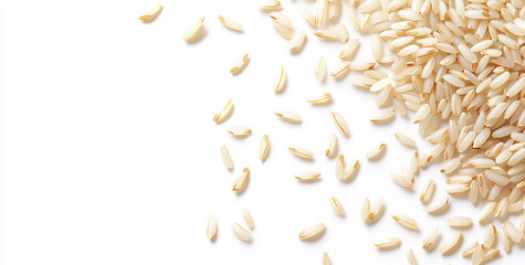 Pockets of early rice grains scattered on a white background
